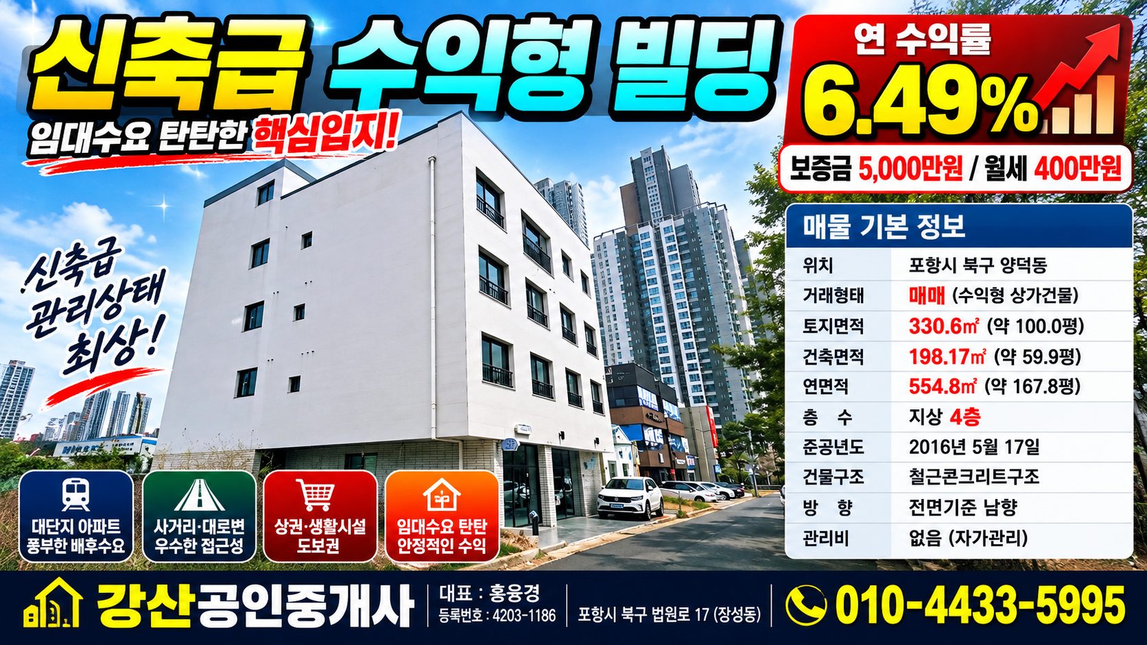 포항 장성동 상가건물 급매｜아파트 배후수요+월세 400만원+연 6.49%